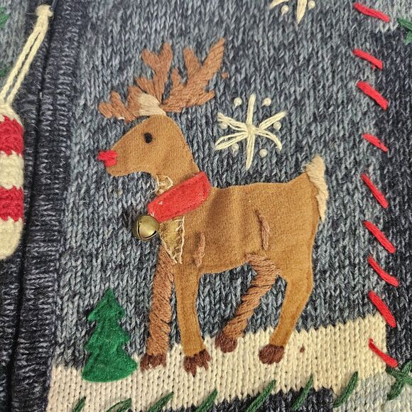 Vtg Christmas Cardigan Festive Knit Sweater Sz L Embroider Patchwork Cottagecore - Picture 8 of 16